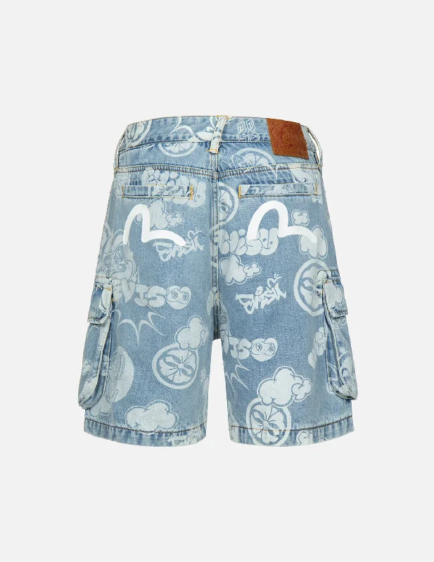 Graffiti Daruma and Kamon Discharged Print Denim Cargo Shorts