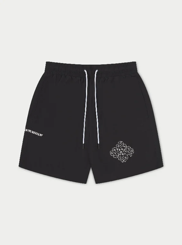 COPYRIGHT EMBLEM MID LENGTH SWIM SHORTS - BLACK