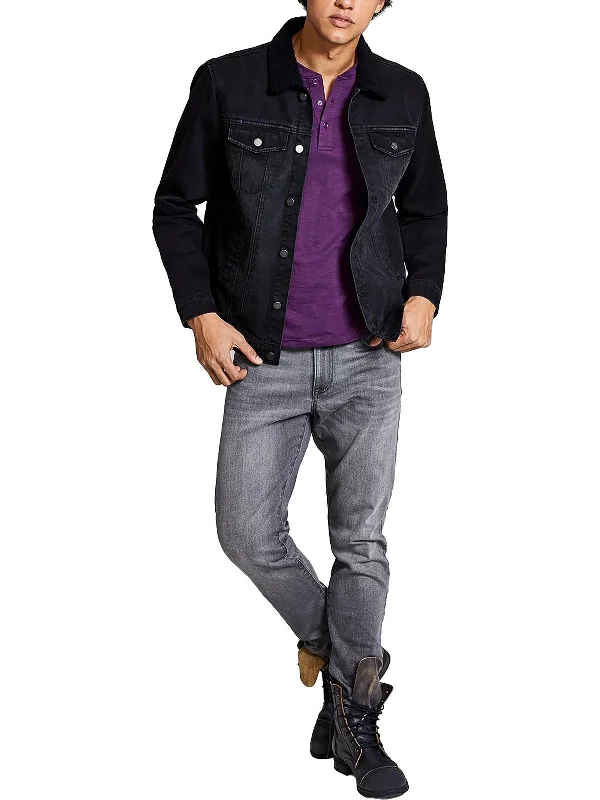 Mens Denim Sherpa Trim Trucker Jacket