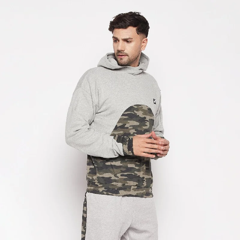 Grey Camo Cut-Sew Hoodie Sweatshirt