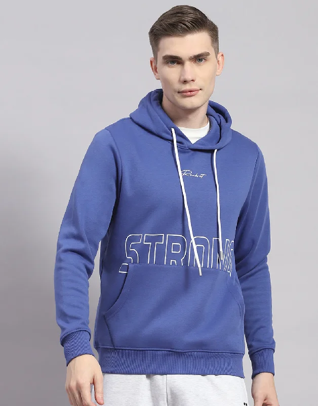 Men Blue Printed Hooded Full Sleeve Sweatshirt