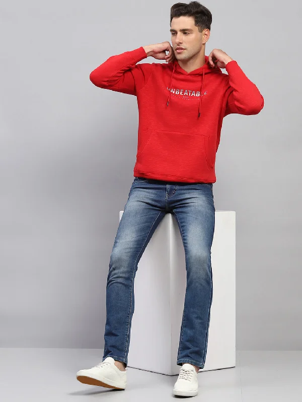 Men Red Printed Hooded Full Sleeve Sweatshirt