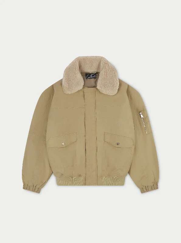 OVERSIZED BORG DETAIL BOMBER JACKET - BEIGE