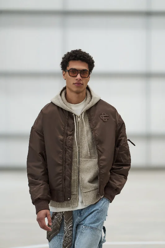 OVERSIZED EMBLEM BOMER JACKET - BROWN