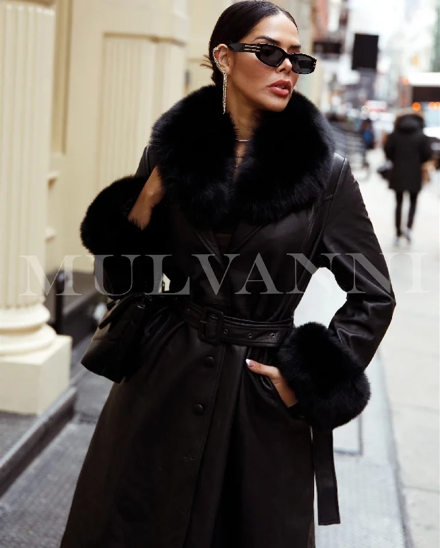 ADARA Black Leather Trench Coat with Fox Fur