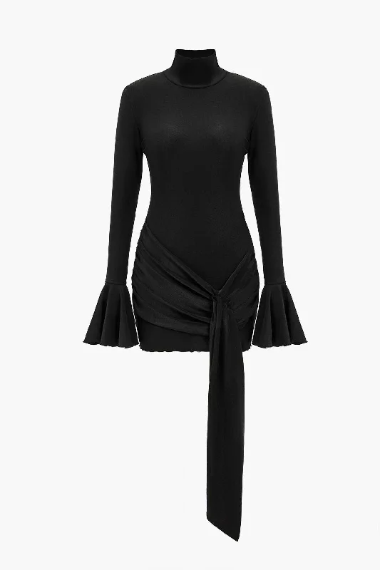 Solid Knotted Bell Sleeves Mini Dress