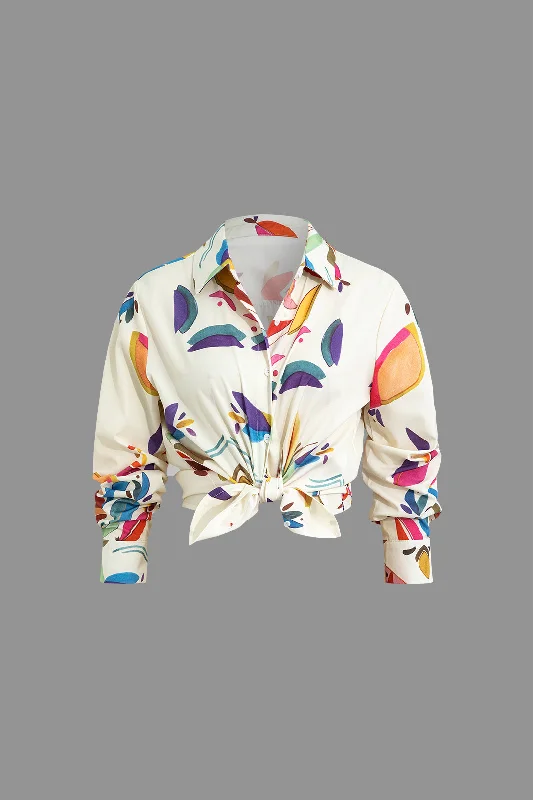 Leaves Print Tie Front Long-Sleeve Shirt