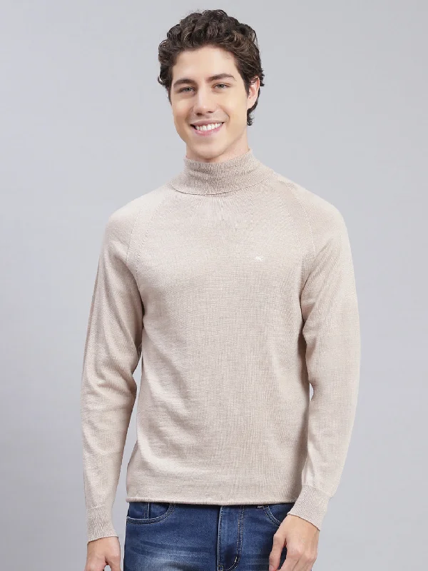 Men Beige Solid Pure wool Pullover