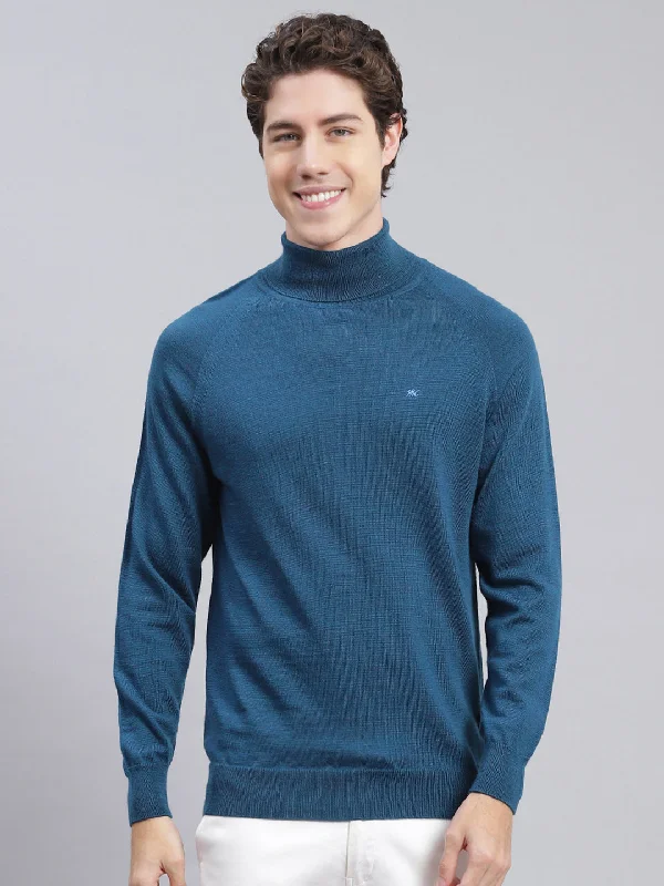 Men Blue Solid Pure wool Pullover