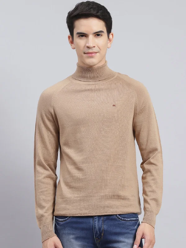 Men Brown Solid Pure wool Pullover