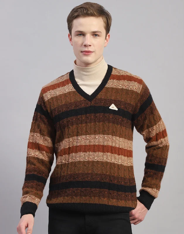 Men Brown Stripe V Neck Full Sleeve Pullover