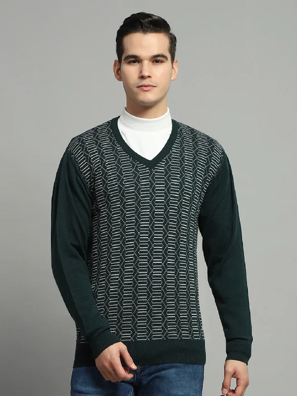 Men Green Self Design V Neck Full Sleeve Pullover