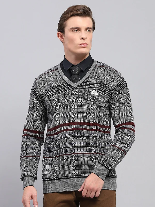 Men Grey Self Design V Neck Full Sleeve Pullover