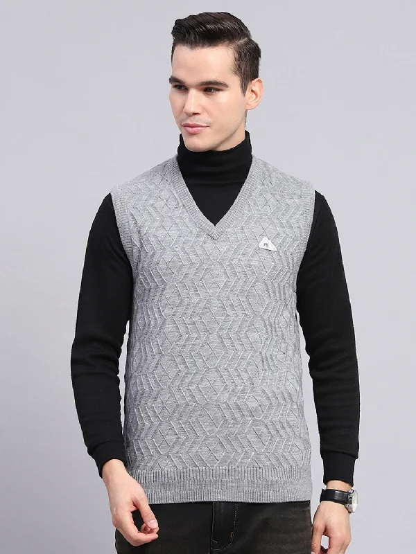 Men Grey Self Design V Neck Sleeveless Sweater