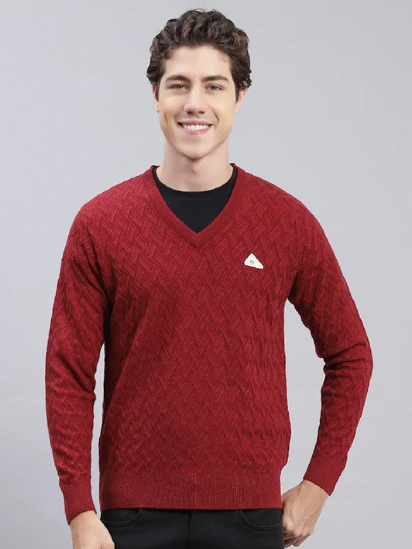 Men Maroon Self Design Wool blend Pullover