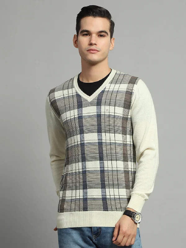 Men Off White Check V Neck Full Sleeve Pullover