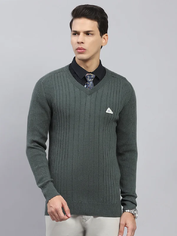 Men Olive Solid V Neck Full Sleeve Pullover