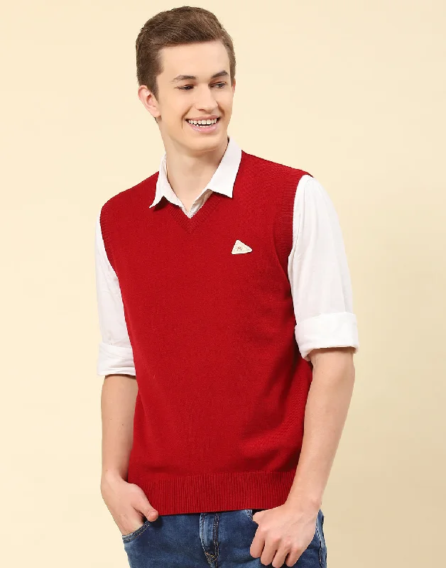 Men Red Solid V Neck Sleeveless Sweater