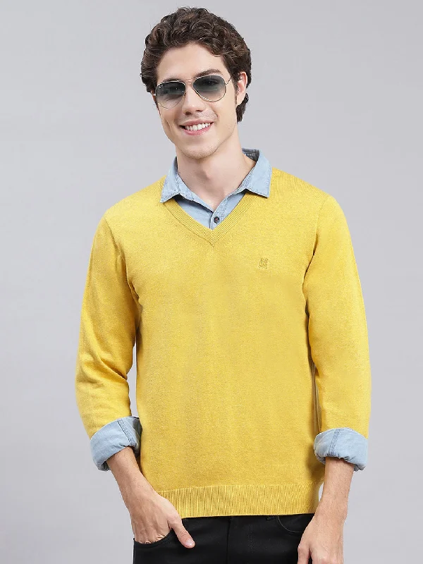 Men Yellow Solid Cotton Pullover